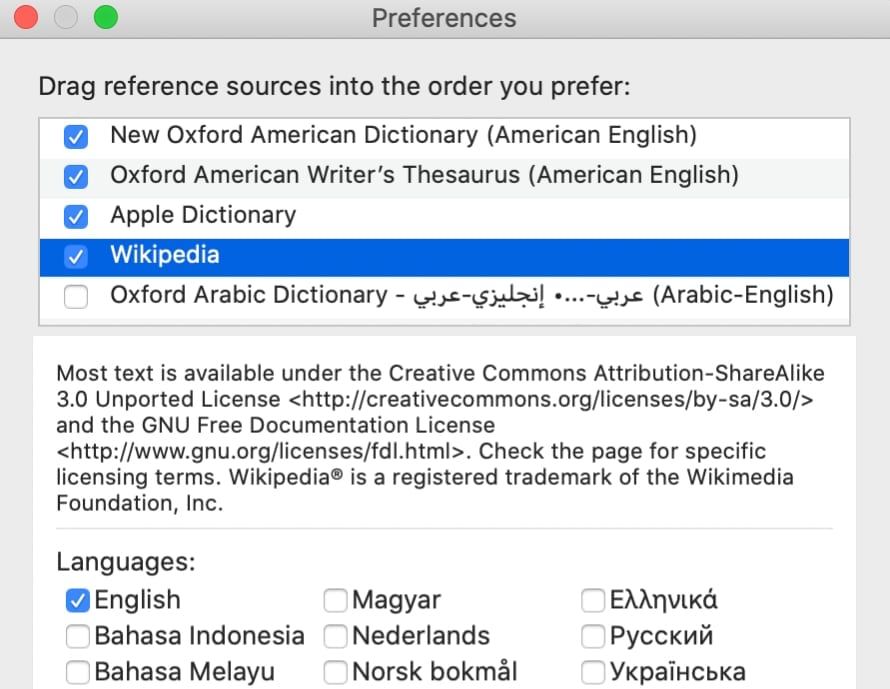 macos dictionaries wikipedia settings - Come aggiungere altre lingue all’app Dizionario del Mac