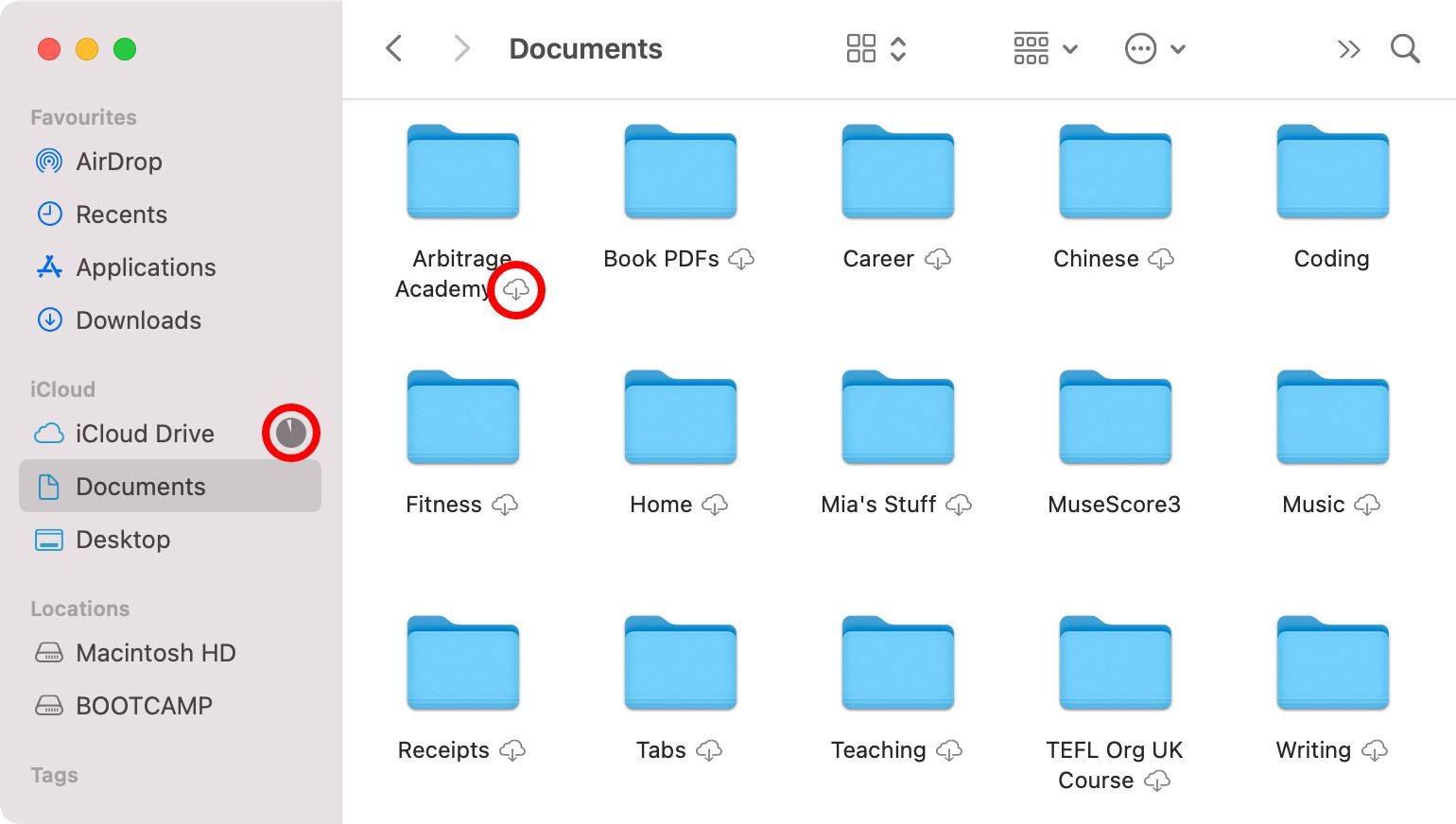 iCloud Drive download icon and loading circle in Finder - Come sincronizzare il desktop del Mac e la cartella dei documenti su iCloud