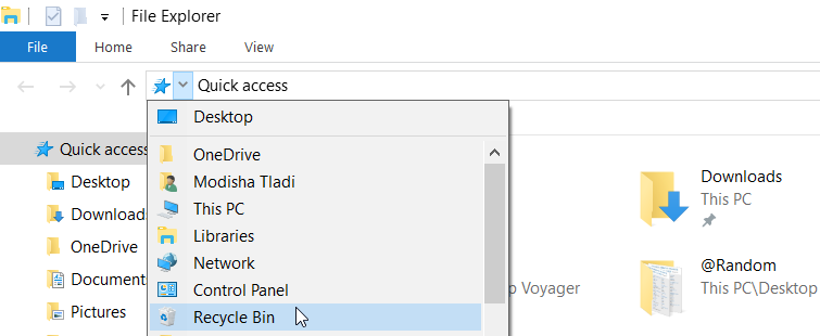 Opening the Recycle Bin Using the Address Bar in File